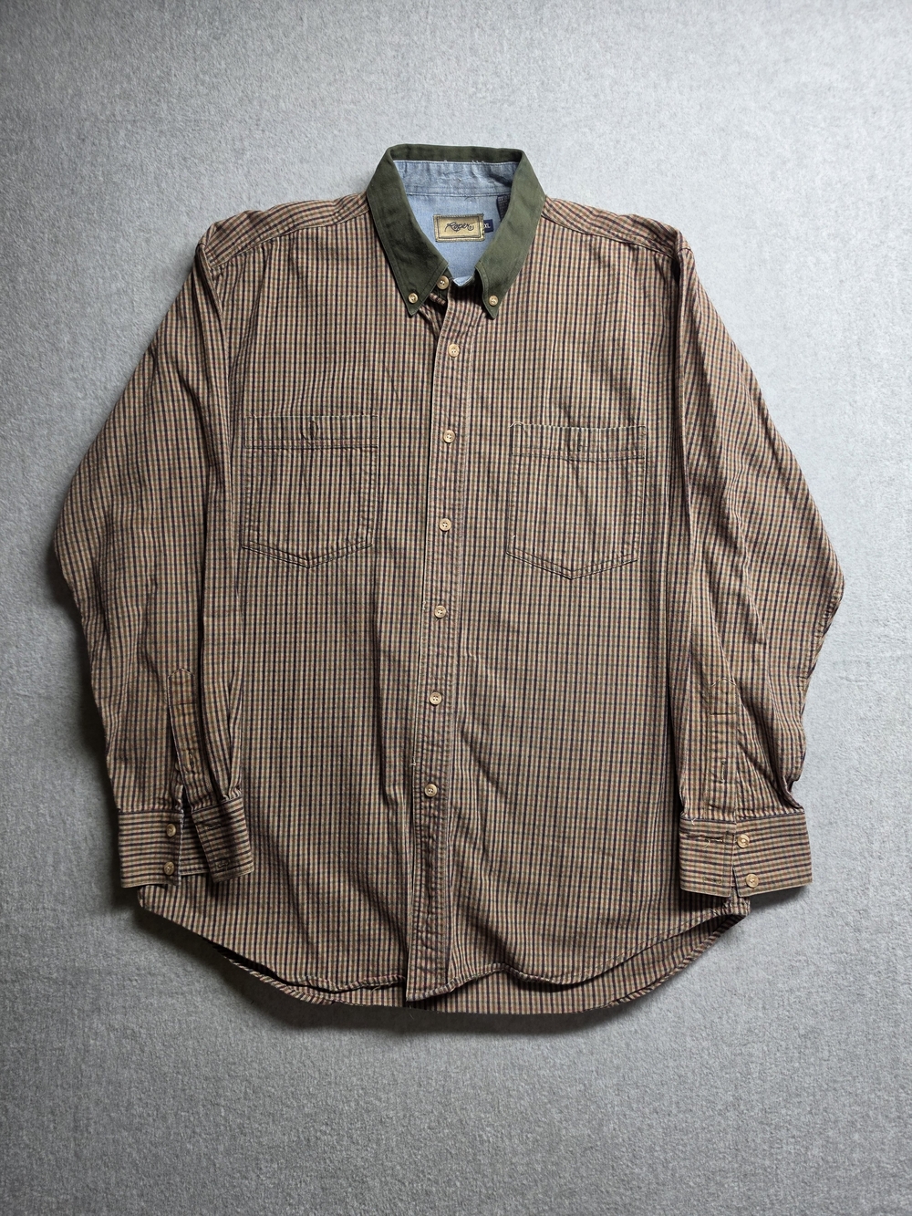 Roper Shirt Men's Long Sleeve Multicolor Stripe w/ Green Collar Vintage Size XL